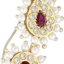 adwitiya collection Women 24-CT Gold-Plated Marathi Red stone studded Nose Pin with pearls-picture-3