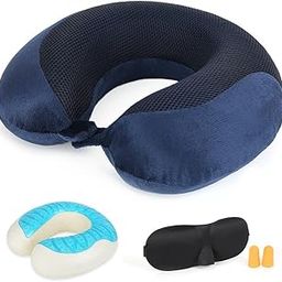 Memory Foam Neck Travel Pillow with Cooling Gel (Blue/Black)-image-104