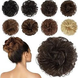 FESHFEN 100% Human Hair Scrunchies (4# Brown) Curly Messy Hair Bun Extensions Wedding Hair Pieces for Women Kids Hair Updo Donut Chignons-image-54