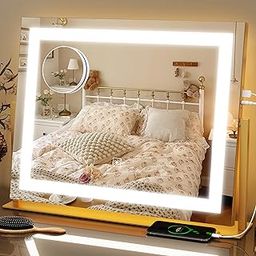 FENNIO Vanity Mirror with Lights 22''x18'' Makeup Mirror with Lights,Lighted Makeup Mirror with 10X Magnification and USB，Smart Touch Screen with 3-Color Lighting,Dimmable（Square Gold）-4