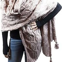 Oversized Knit Shawl with Cable Pattern, Blush Pink, Tassel Details, Winter Wrap-image-5