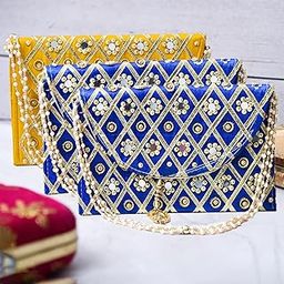 Heart Home Clutch Purse | Hand Purse | Ladies Hand Purse with Handle | Traditional Shagun Purse | Baby Shower Purse | Gifting Clutch Purse | Mirror Check Purse | Pack of 3 | Multicolor-picture-7