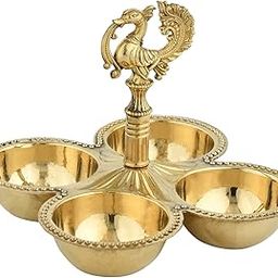 KindredHomes Pure Brass 4 Katori Diya Stand with Peacock Top – Traditional Oil Lamp for Pooja, Aarti & Home Temple Decor-image-1
