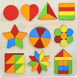 WISHKEY Wooden Shapes Puzzle Learning Toy, Montessori Game Educational Toys for Kids, Intelligence Brain Teaser Puzzle Board with 10 Designer Shapes, Multicolour, 3+ Years (Pack of 1)-32