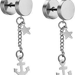 Long Chain With Achor Silver Stainless Steel 2pc Stud Earring For Men And Women-image-92