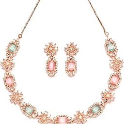 Rose Gold Plated Blue American Diamond Studded Necklace Set-image-42