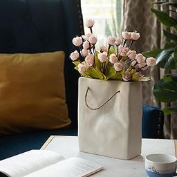 Glimpse Homes Crinkled Paper Bag Vase | Ceramic Flower Vase | Living Room Decor | 8 inch (Ivory White)-image-27