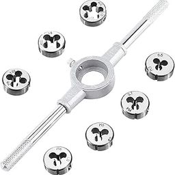 Hetkrishi 8pcs Round Die Stock Handle Wrench Set, M3 M4 M5 M6 M8 M10 M12 Metric Threading Dies & 25mm (1") Die Holder for Bolt Thread Repair-32