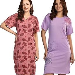 Combo Cotton Down Sholder Round Neck Printed Knee Length Nighty for Women(Pack of 2)-picture-14