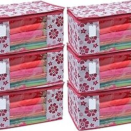 Zawexar Non-woven Saree Cover Storage Bag, Pack of 6, White with Black Polka Dots (pink Flower)-image-26
