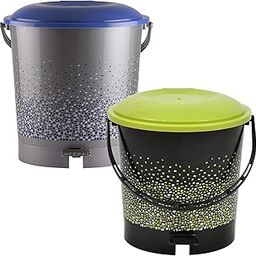 Homestic Printed Multiuses Plastic Pedal Dustbin, Waste Bin, Trash Can With Handle, 7 Litre- Pack of 2 (Grey & Black)-47KM0747-18