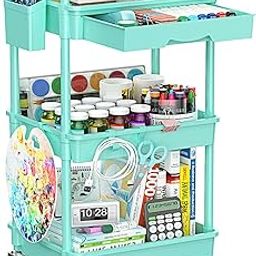 EaseSky 3-Tier Rolling Cart with Drawer & Lockable Wheels, Plastic Shelf Storage Organizer Cart – Easy Assembly, Waterproof Design for Kitchen, Bathroom, Office, Blue-0