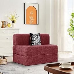 Rosebell 1 Seater Sofa Cum Bed | Jute Fabric Washable Cover | with Cushions Perfect for Guest | Red | 3' X 6' Feet-image-39