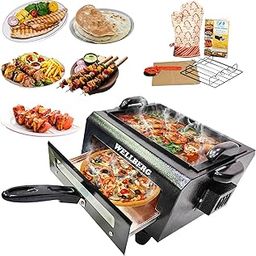 WELLBERG 2 IN 1 Electric Tandoor with Auxiliary Equipment (Black) (10 Inch) 2000wt with pizza cutter, Magic cloths, 1 Grill, 4 Skewers, 1Recipe book, 4 legs, 1 handle (DUAL 2 In 1)-image-73