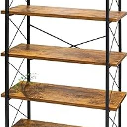 46Treeform Bookshelf, 5-Tier Open Bookcase,Rustic Book Shelf, Industrial Wood and Metal Bookshelves for Home Office, Bedroom, Kitchen, Living Room, Mid Century Horizontal Storage Rack-picture-28