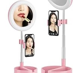 HARSHTI Portable Multi-Functional 6.3" Dimmable LED Selfie Continuous Video Halo Ring Light Zoom Live Stream Phone Holder Stand with Makeup Vanity Mirror Foldable Online Meeting Table Lamp - 1Pcs-2