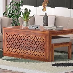 ONIJA Sheesham Wood Center Coffee Table with 2 Stools for Living Room Outdoor || Wooden Centre Teapoy Tea Table with Stool for Home Office (Honey Finish)-22