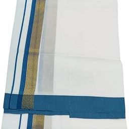Men's 100% Pure Cotton Golden Blue Border Lungie, 2 Meter (White)-picture-12