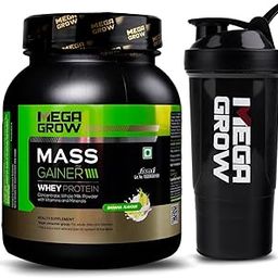 MEGAGROW Mass Gainer with Shaker 1Kg, Banana-High Calorie Whey Protein Powder for Weight Gain/Muscle Building & Growth|Bulking Supplement Powder|For Women & Men-No of Servings 10, 1000 grams-20
