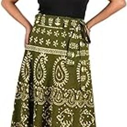 Women's Wrap Around Maxi Skirt, Traditional Printed Cotton, Olive Green with Paisley Pattern-image-73