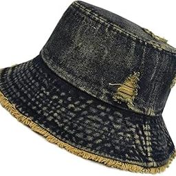 SwooK Stonewash Stylish Trendy Distressed Denim Mens Womens Boys Girls Bucket Hat Ripped Frayed Edge Sun Summer Sunny Hat Hats for Women Men (Dark Blue)-image-19