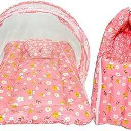 Toddylon Baby Gift Pack – Mosquito Net & Baby Carry Bag Combo for 0–6 Months | Soft Cotton Material | Cute Floral Print | Newborn Essentials for Travel (Pink)-image-59