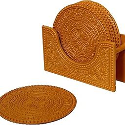Sunlife - Dynasty Decor Wood Design Coaster - 6 pcs Plastic Coaster with Stand, Circular Table Coaster for Tea Cups, Coffee Mugs, Beer Cans, Bar Tumblers & Water Glasses (Plastic) (Decor_Wood)-image-25