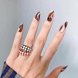 Secret Lives Glossy Reusable Artificial Fake False Press on Nails 24 PCS Set | Nude Brown Curve Design with White & Black Color with Kit-17