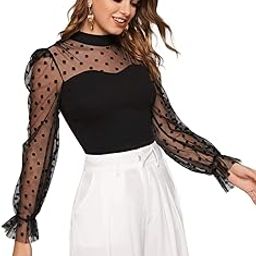 Women's Elegant Black Polka Dot Mesh Sleeve Top for Women/Girls-image-26