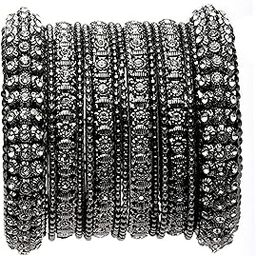 zeneme Oxidised Silver-Plated Black Toned White Artificial Stones studded Bangles Jewellery Set with Girls and Women (Set Of 14)-picture-11