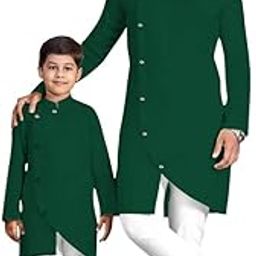 OS Mens & Boys Kurta Pyjama Set In Cotton Solid (Baap_Beta |Father & Son| Best Combition), Bottle Green,Man-38 / Boy (14-15 year)-31
