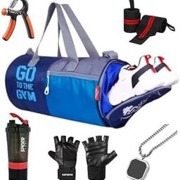 5-Piece Gym Bag Combo Set, Includes Gym Bag with Shoe campartment Protein Shaker Onyx Chain Wrist Supports and Hand Exerciser for Visible Veins (Blue/Black)-image-98