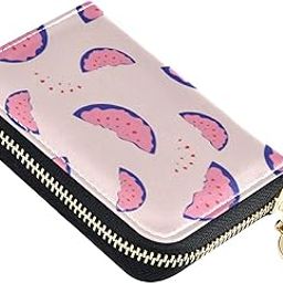 Watermelon Fruit Pink RFID Credit Card Wallet, Microfiber Leather Zipper Card Case Holder for Women-image-74