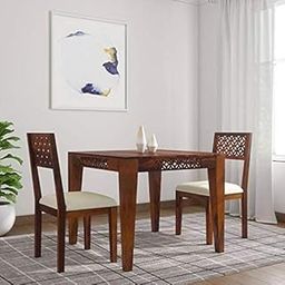 Streema Art Sheesham Wood 2 Seater Dining Table Set with Chairs Wooden Dining Set Funiture with Cushion (2 Seter, Natural)-image-7