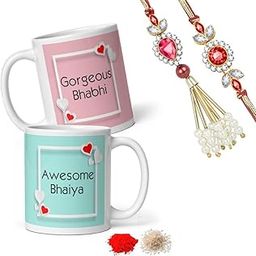 SONKHIYA CREATIONS Raksha Bandhan Gift Set for Bhaiya Bhabhi | Ceramic Coffee Mugs with Printed Text Adorable Bhaiya & Sweet Bhabhi | Designer Rakhi Lumba Set | Roli Chawal Included (D-5)-image-3