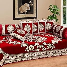Fresh From Loom Velvet Floral 500 TC Diwan Set Red - 1 Single Bedsheet with 2 Bolster Covers and 5 Cushion Covers (8pc Set)-15