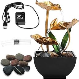 Chhogli Indoor Tabletop Fountain - 3-Tiers Lotus Leaf Small Waterfall Fountains, Resin Meditation Fountain, Zen Relaxation Fountain with Led Light and Pebbles, for Home Bedroom Office Decor-image-6