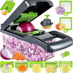 Marhaabaa 14 in 1 Vegetable Chopper, Slicer and Dicer with Collection Container, 8 Interchangeable Blades, Onion and Food Slicer, Grey/Green-29