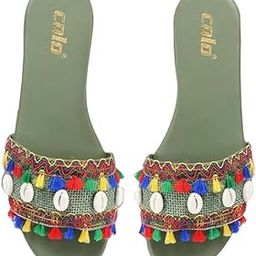 Womens Ethnic Embroidered Slippers Elegant Flat Sandals for Weddings Parties & Festive Occasions (Green 7)-image-37
