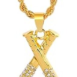 Men Necklace Many Zirconias Gold Inlaid Baseball Cross on a Twisted Chain Pendant, 23+3.5cm, One Size, Stainless Steel, Cubic Zirconia-image-66