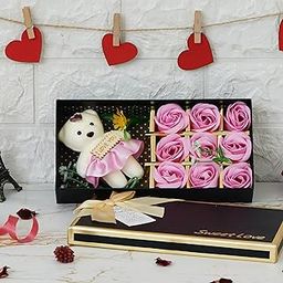Webelkart Rose with Gift Box and Teddy Beer- 7 in, Valentines Gift for Girlfriend and Boyfriend (Pink Teddy with 9 Flowers)-image-91