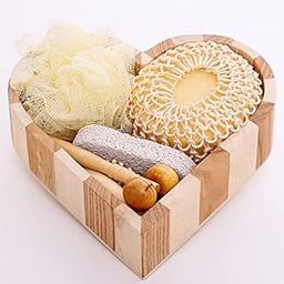 Herbal Brews - Gift Set for Women & Men for Bath & Body Care - Gift Hamper for At Home Shower & Spa - Wooden Heart Box with Body & Foot Massager, Pumice Stone, Bamboo Hair Detangling Brush, Loofah, Body Sponge Hemp - 1 Set-image-4