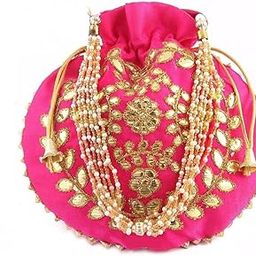 Women Potlis Silk Handmade Wedding Potli Bag with Stylish Color & Design Bags for Women's & Girl's Peacock Pink-0