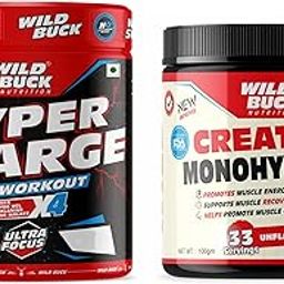 WILD BUCK Hyper Charge Pre-X4 Hardcore Pre-Workout Supplement powder with Creatine Monohydrate, Arginine AAKG, Explosive Muscle Pump, Caffeinated Punch -For Men & Women [40 Serv, Wild Berries] + WILD BUCK Creatine Monohydrate Powder,Strength,Reduce Fatigue,100% Pure Creatine,Lean Muscle Building,Supports Muscle Growth,Athletic Performance,Recovery [33 Servings,Unflavoured]-4