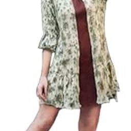 Women's Floral Print Long Shrug with Brown Inner Dress, 3/4 Sleeve, White and Green-20