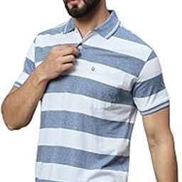 Men's Cotton Blend Polo Collar Striper T Shirt Has A Short Sleeves & Pocket On Chest-MT3-MB_XL-image-35