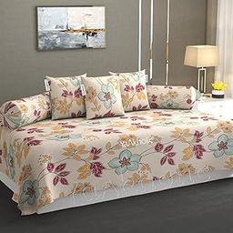 YaAkholic Premium Cotton Floral Printed Diwan Set Covers 6 Pieces for Living Room - 1 Single Bed Sheet (60 x 90) with 3 Cushion (16 x 16), 2 Bolster Covers (16 x 32) | (Cream Floral)-12