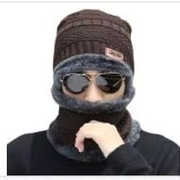 Namrata Bhadani Fashion Soft Unisex Woolen Beanie Cap/Muffler/Scarf/winter cap/warm knit hats/skull cap/Snow Proof Inside Fur With Neck Warmer Set Knit Hat Thick Fleece Lined Brown-image-90