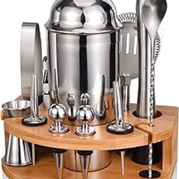 Esmula Bartender Kit with Stylish Bamboo Stand, 12 Piece Cocktail Shaker Set for Mixed Drink, Professional Stainless Steel Bar Tool Set - Cocktail Recipes Booklet(25 oz)-image-61