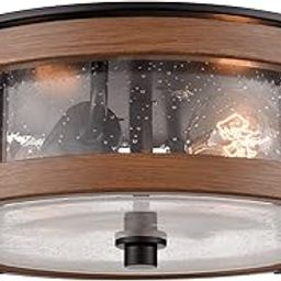 DEYNITE Farmhouse Ceiling Light Fixture 2 Lights Hallway Ceiling Light Black Rustic Wood Grain Surface Transparent Glass Shade-picture-20